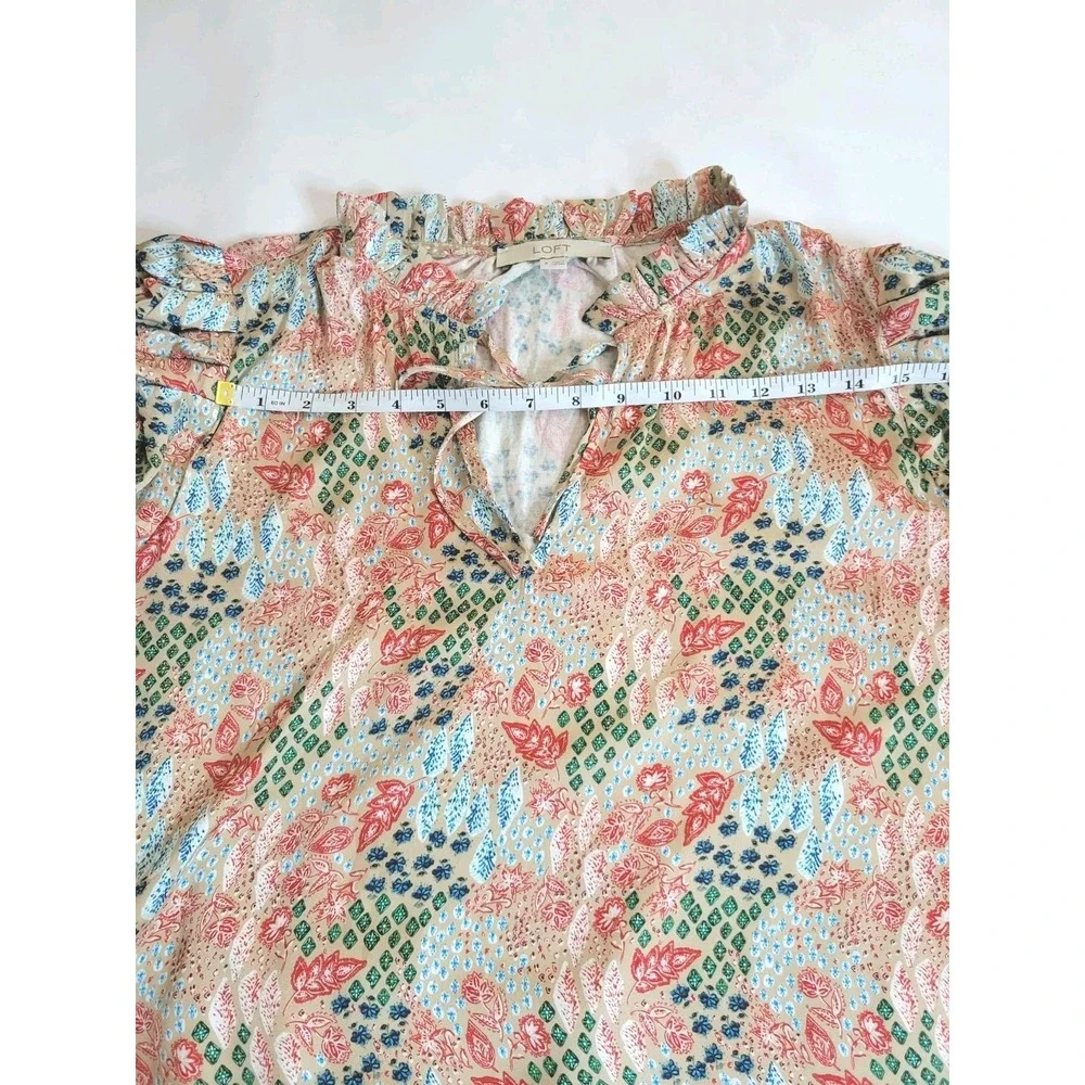 Loft Pink Floral Blouse With‎ Long Puffed Ruched Sleeves Blouse Sz M
